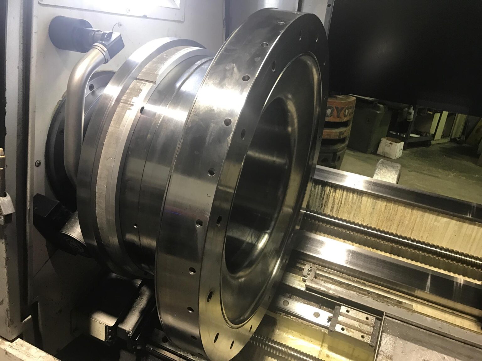 Large housing being bored on the lathe