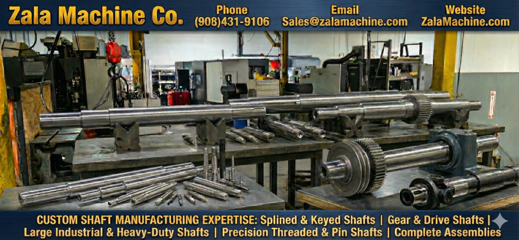 Wide array of custom manufactured shafts including large industrial, splined, keyed, and gear shafts on V-blocks at Zala Machine Co.