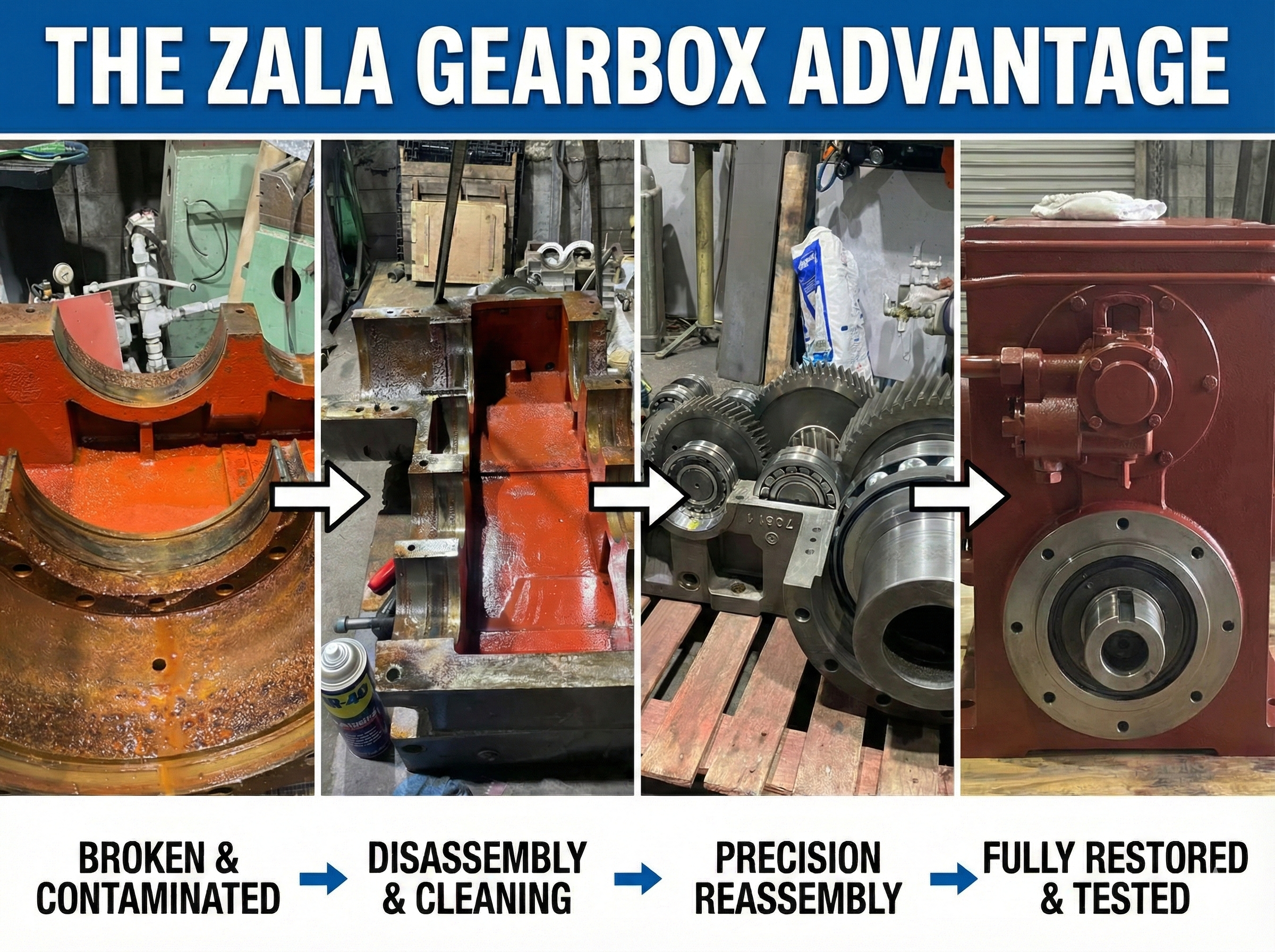 The Zala Gearbox Advantage: A 4-step professional restoration process for industrial extruder gearboxes in Hillsborough, NJ.