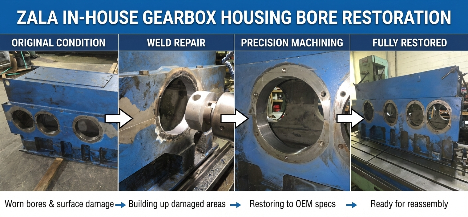 A four-panel infographic titled "ZALA IN-HOUSE GEARBOX HOUSING BORE RESTORATION". It details the process of repairing a large industrial gearbox housing, showing steps from "ORIGINAL CONDITION" with worn bores, through "WELD REPAIR" to build up metal, "PRECISION MACHINING" to restore OEM specs, and finally the "FULLY RESTORED" housing ready for reassembly.
