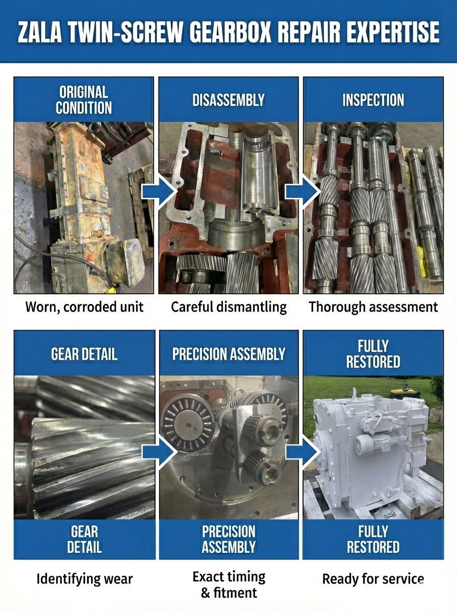 Infographic of Zala Machine Co.'s industrial twin-screw gearbox repair process, showing disassembly, inspection, gear timing, and full restoration.