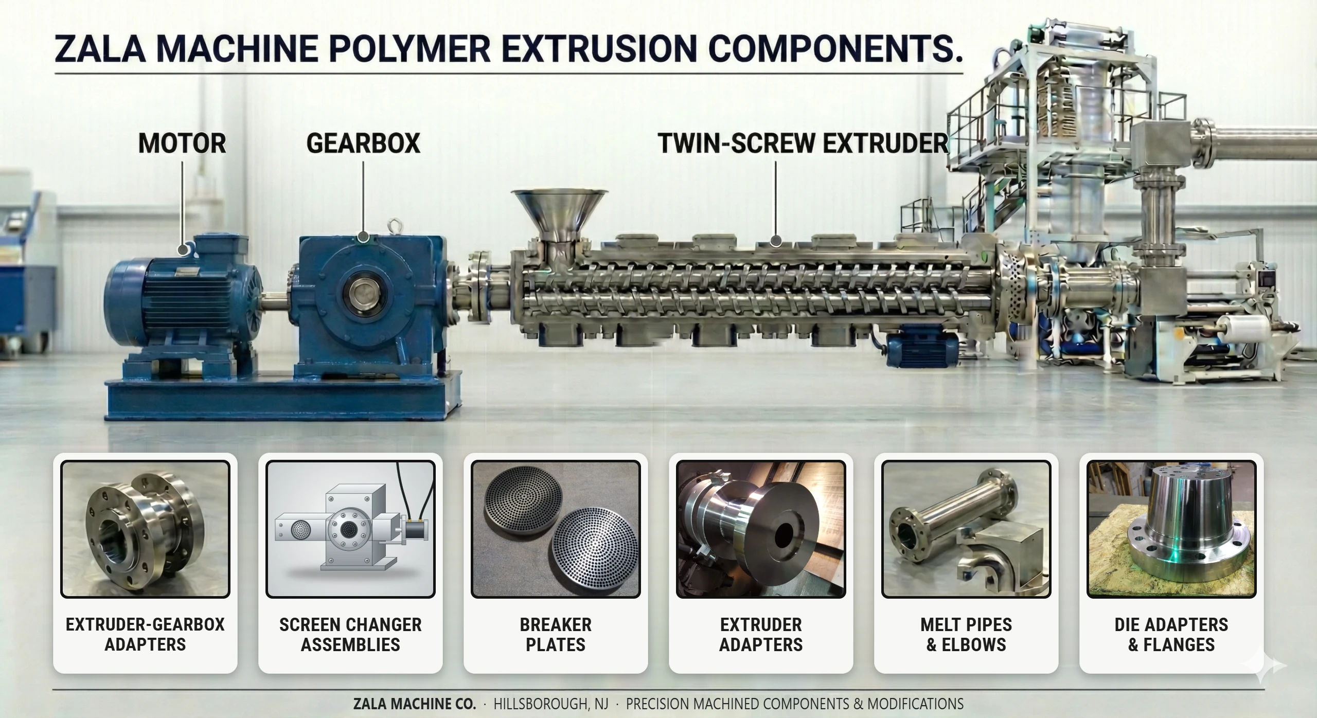 Diagram of a twin-screw extrusion line above six cards for the heavy machined components: extruder-gearbox adapters, screen changer assemblies, breaker plates, extruder adapters, melt pipes and elbows, and die adapters and flanges