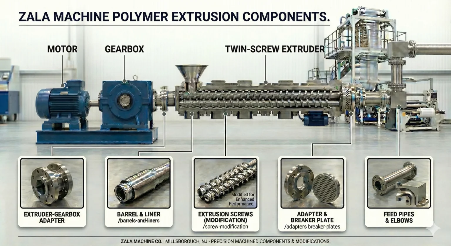 Interactive diagram of polymer extrusion components and gearbox repair services at Zala Machine Co.
