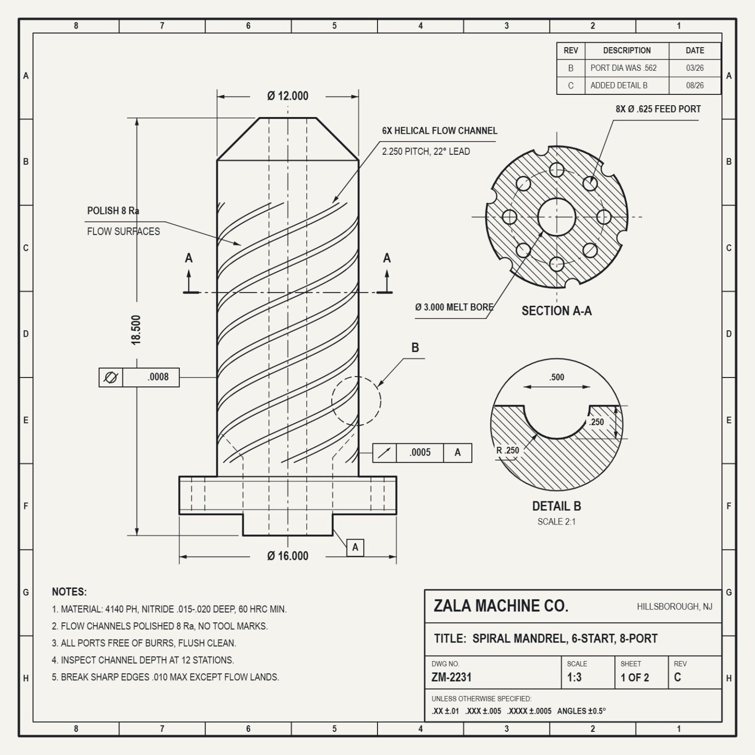Engineering drawing of a blown film spiral mandrel with helical flow channels, section view, detail view and GD&T callouts