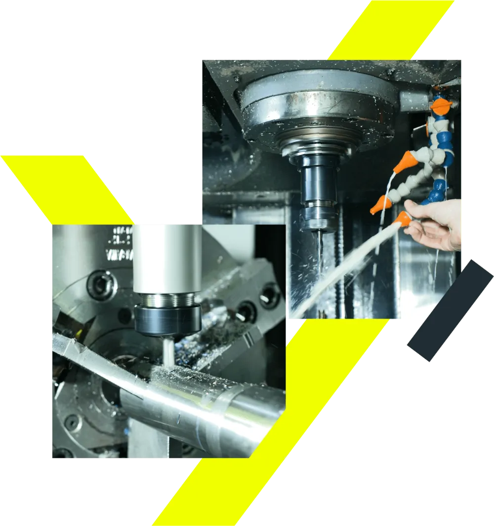 Machining at Zala Machine Co. — boring with coolant and CNC turning a shaft