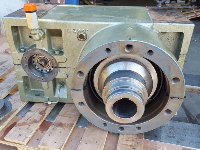 Gearbox housing with the hollow output shaft in place, bore stepped and keyway cut