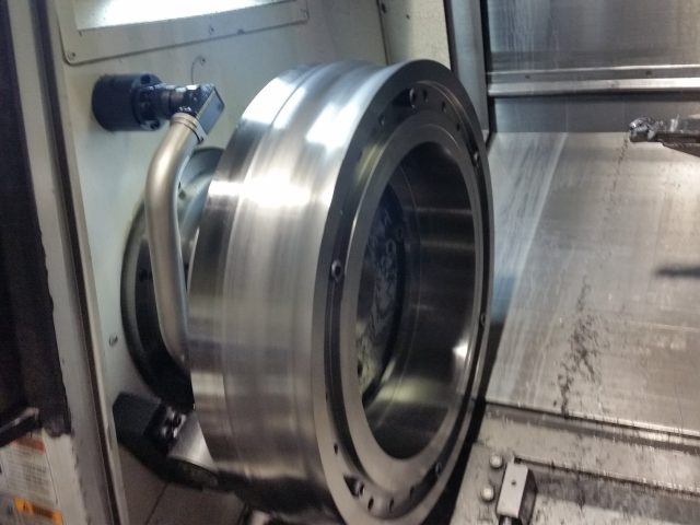 End of a large roll body bored in the CNC lathe, counterbore and face finished