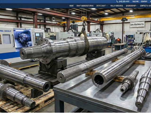 A collection of custom industrial shafts including flanged, splined, and hollow-bore designs, manufactured at Zala Machine Co. featuring a DN Puma 300XLY CNC lathe in the background.